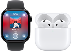 Apple Watch Series 11, titanium natural case, band:stone gray sport band, Apple Music app open, paired with AirPods 4