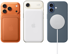 iPhone 17 Pro, back exterior, Cosmic Orange color, with FineWoven Wallet with MagSafe in Fox Orange color;iPhone Air, back exterior, Light Gold color, with Magsafe Battery;iPhone 17, back exterior, Mist Blue color, with Silicone Case in Anchor Blue color and MagSafe Charger