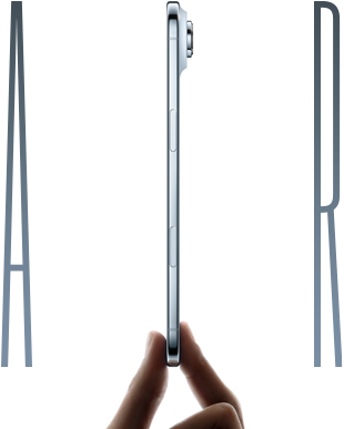 A thumb and forefinger holding iPhone Air, side exterior, Sky Blue color, very thin profile, Fusion camera system, buttons:side, Camera Control