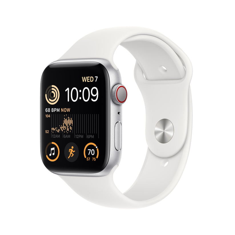 Apple Watch SE GPS Cellular 44mm Silver Aluminium Case with White Sport Band Regular