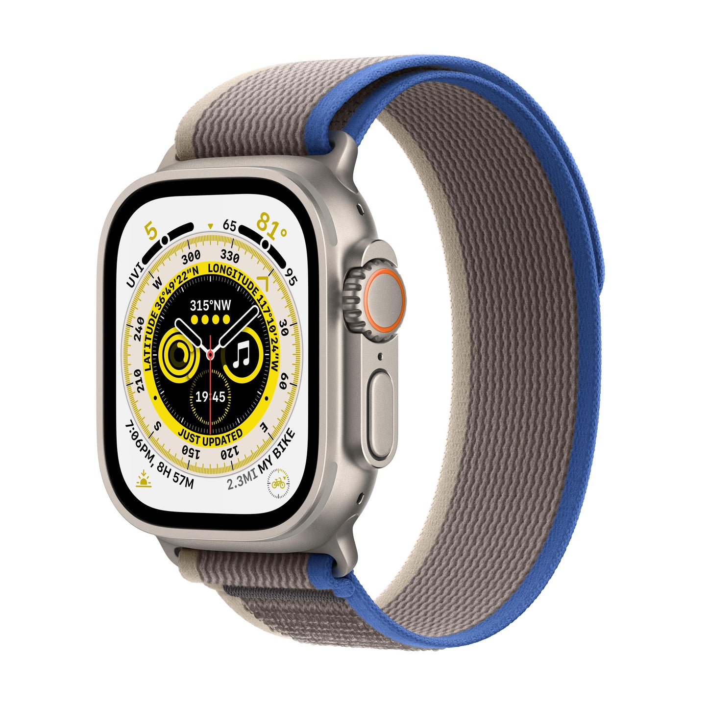 Apple Watch Ultra GPS + Cellular, 49mm Titanium Case with Blue/Grey Trail Loop - M/L
