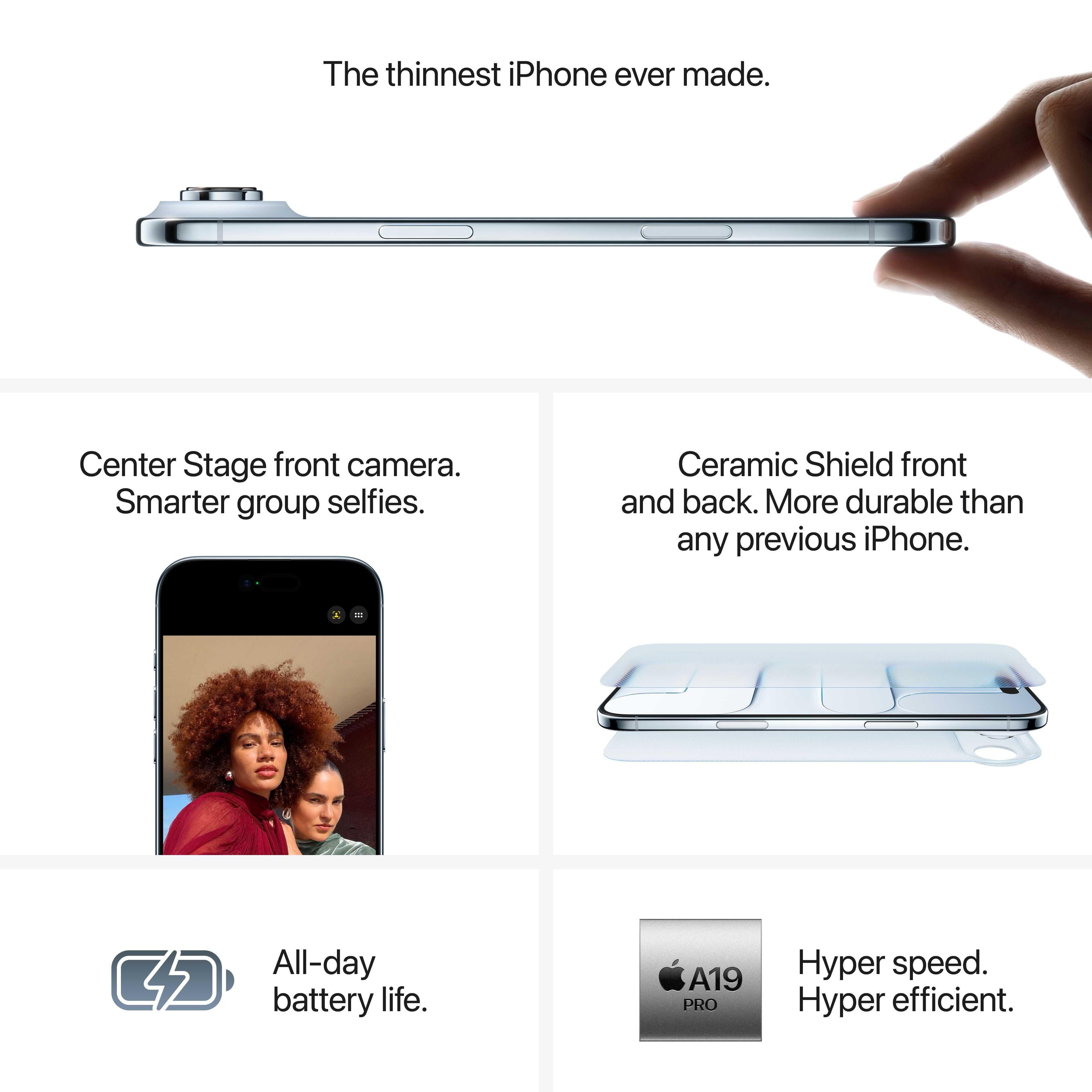 iPhone Air feature highlights: thinnest iPhone ever made, Center Stage camera, Ceramic Shield, and A19 Pro chip