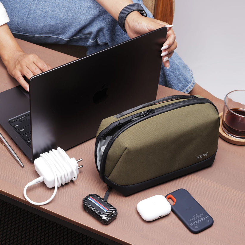 TEKNE Gadget Organiser | Water-Resistant Tech Pouch with Multiple Compartments | Olive Green | Travel-Friendly  Get best offers for TEKNE Gadget Organiser | Water-Resistant Tech Pouch with Multiple Compartments | Olive Green | Travel-Friendly 
