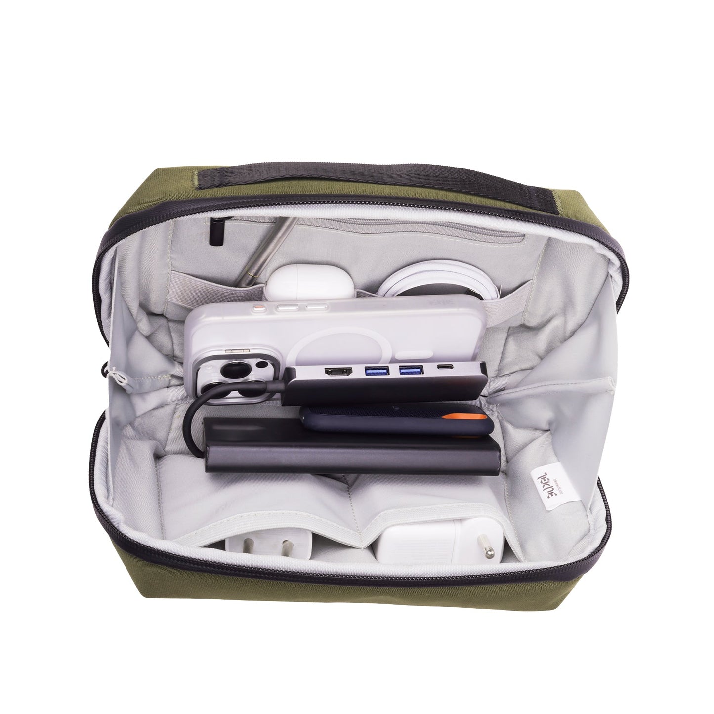 TEKNE Gadget Organiser | Water-Resistant Tech Pouch with Multiple Compartments | Olive Green | Travel-Friendly 