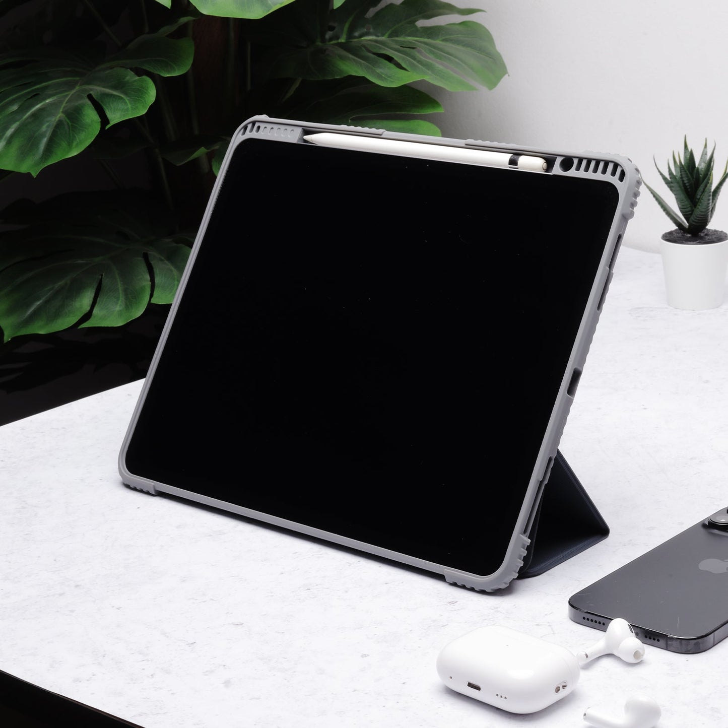 TEKNE Shockproof Vegan Leather Case for iPad Air 13 M2 | Stand Function | Drop Protection - Grey