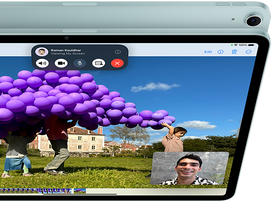 iPad Air with 12MP Ultra Wide front camera showing SharePlay feature in FaceTime