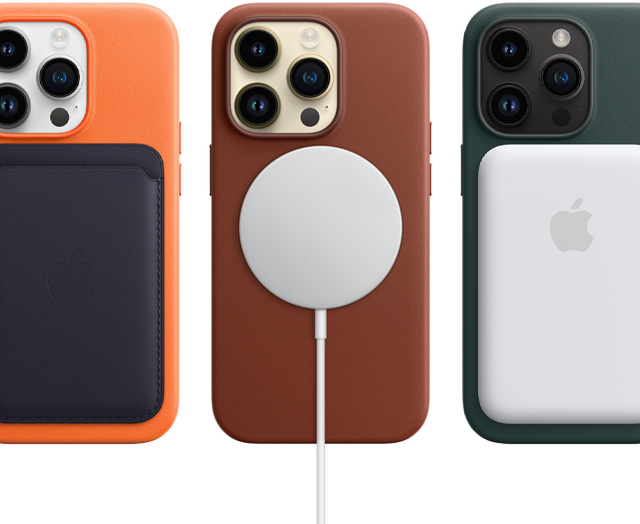 iPhone 14 Pro MagSafe cases in orange, umber and forest green with MagSafe accessories: wallet, charger, and a battery pack.