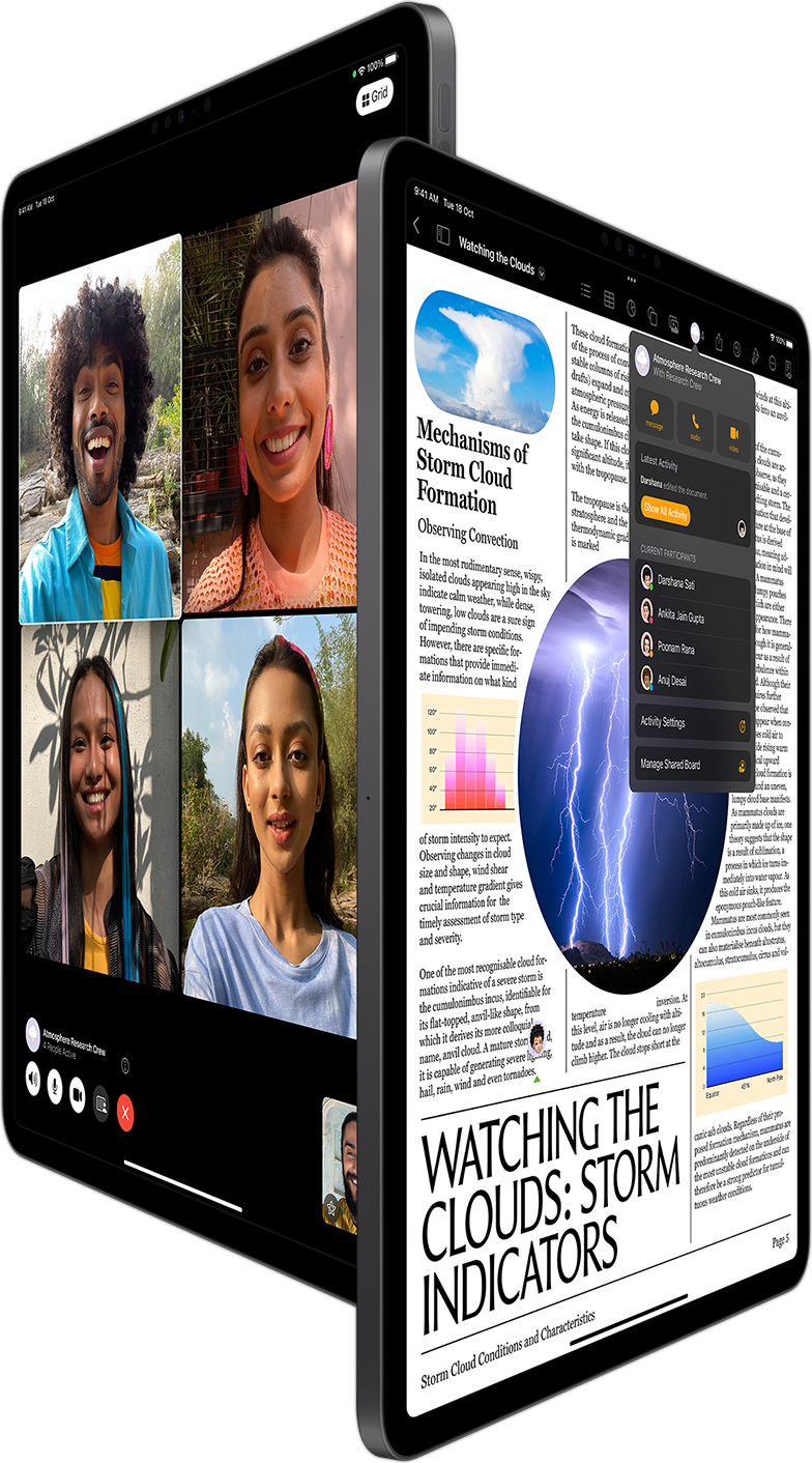 Group FaceTime and Collaboration in Pages shown on two iPad Pro devices.